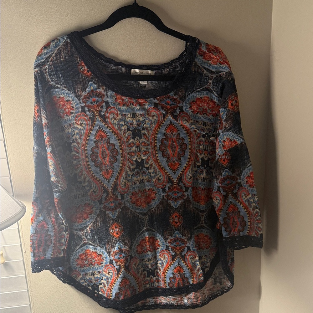 JohnPaulRichard Navy Blue Paisley Lace-Trim Tunic with Red Accents